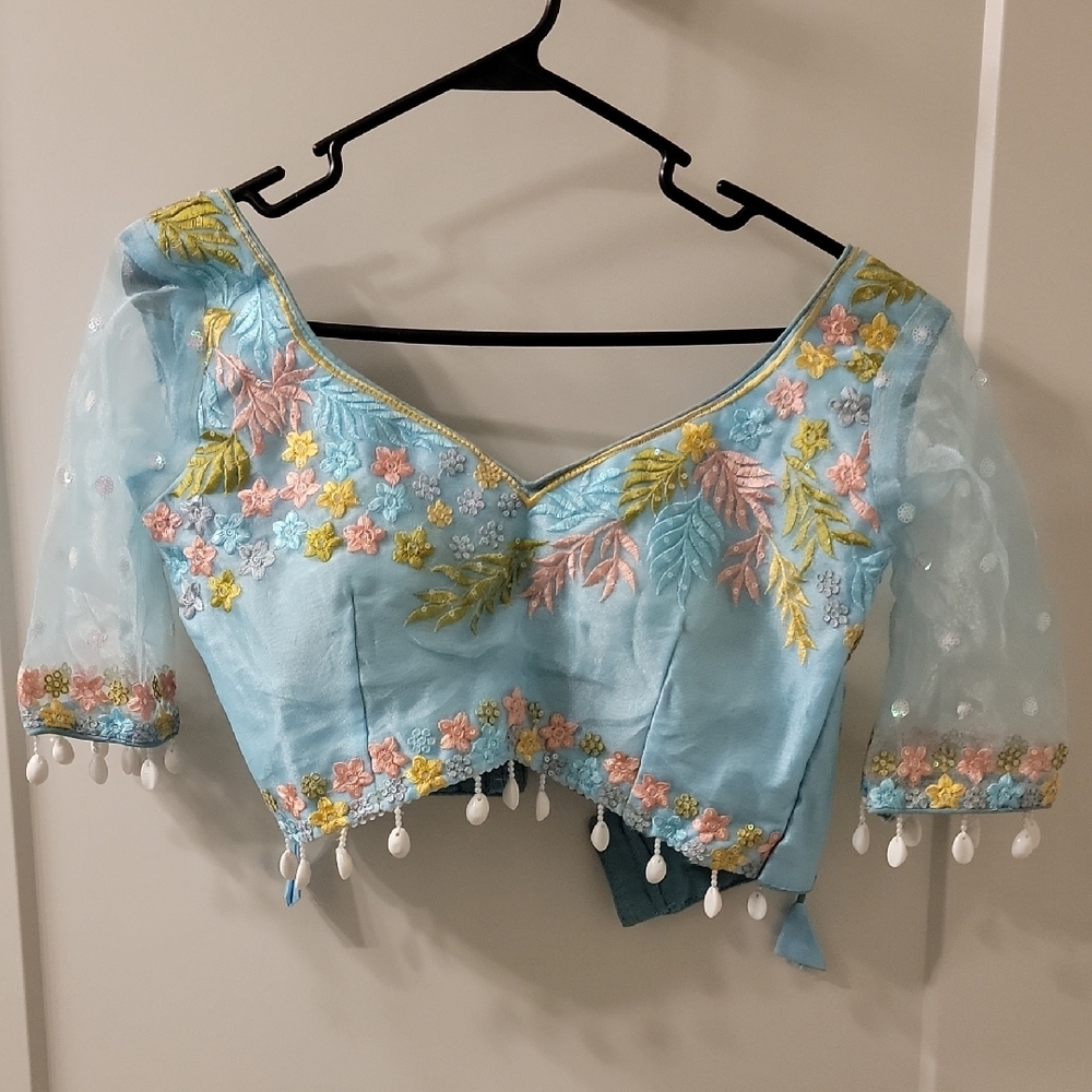 Floral Embroidered Blue Choli Lehenga Blouse Top